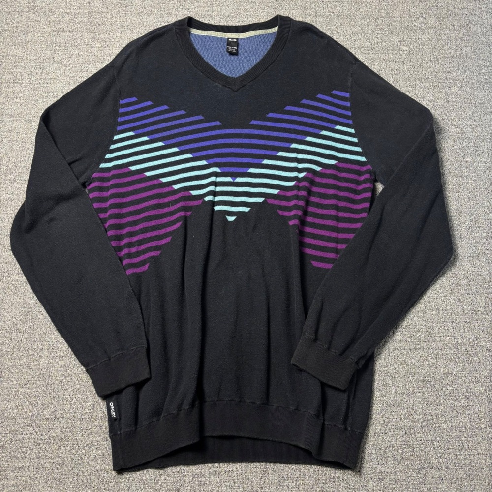 Oakley Sweater Mens XXL Slim Fit V-Neck Black Purple Teal Geometric Stripe